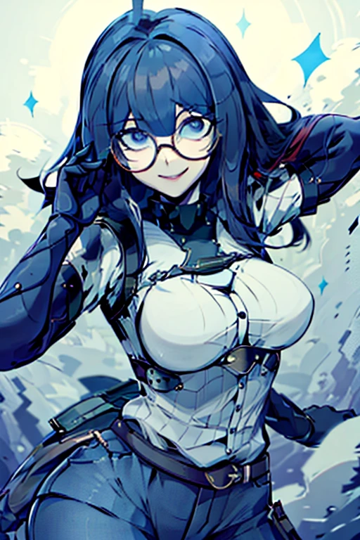 ((Best Quality)), ((Very detailed)), absurdities, (detailed eyes, deep eyes), (1 girl), (Glasses), forced perspective, dynamic pose, Upper part of the body, nerd, round Glasses, thick rimmed Glasses, smile, 