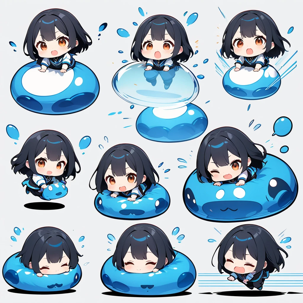 ultra-small deformation, Chibi Cute, Blue Slime, bounce on all sides, bounce around, speed effect lines, after images, various expressions, High contrast and vivid color, simple background