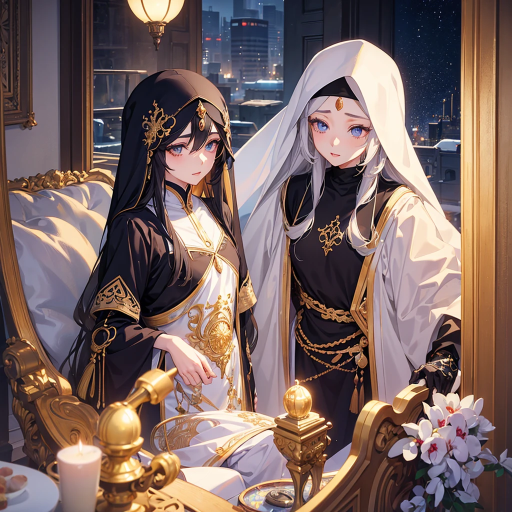 a long haired anime boy and hijab wearing girl taking a photo together with cell phone, cute romantic couple, beautiful detailed eyes, beautiful detailed lips, extremely detailed eyes and face, long eyelashes, intricate details, photorealistic, 8k, high quality, cinematic lighting, vivid colors, masterpiece, trending on artstation