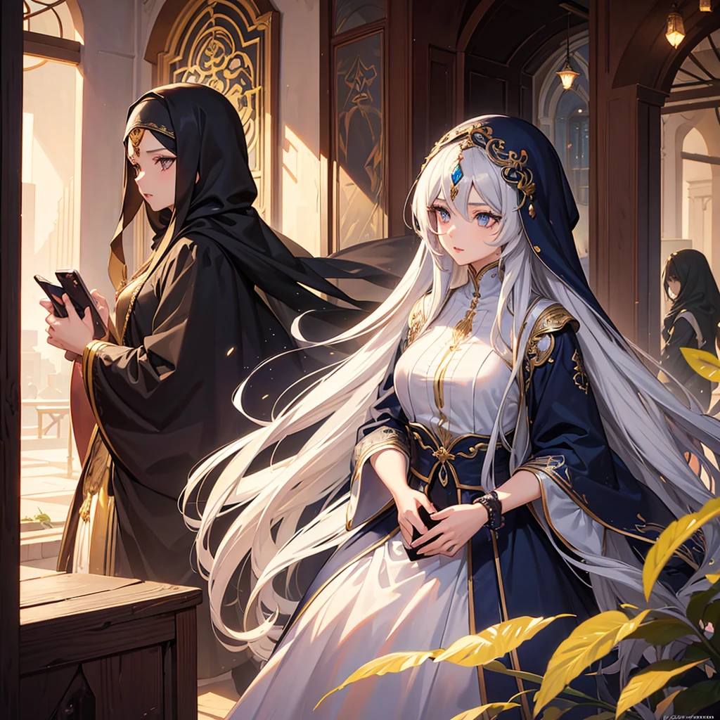 a long haired anime boy and hijab wearing girl taking a photo together with cell phone, cute romantic couple, beautiful detailed eyes, beautiful detailed lips, extremely detailed eyes and face, long eyelashes, intricate details, photorealistic, 8k, high quality, cinematic lighting, vivid colors, masterpiece, trending on artstation