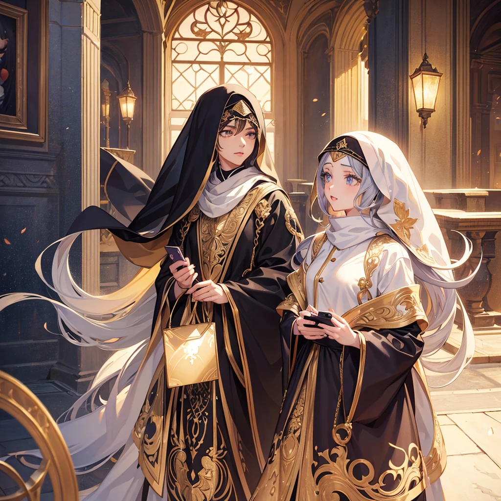 a long haired anime boy and hijab wearing girl taking a photo together with cell phone, cute romantic couple, beautiful detailed eyes, beautiful detailed lips, extremely detailed eyes and face, long eyelashes, intricate details, photorealistic, 8k, high quality, cinematic lighting, vivid colors, masterpiece, trending on artstation