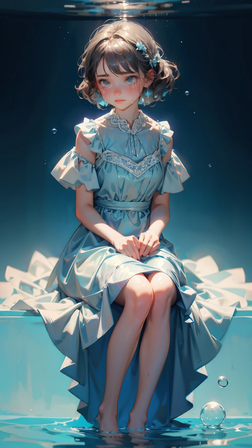 cute girl,  crying sitting in water with bubble, grey dress, light blue background, 