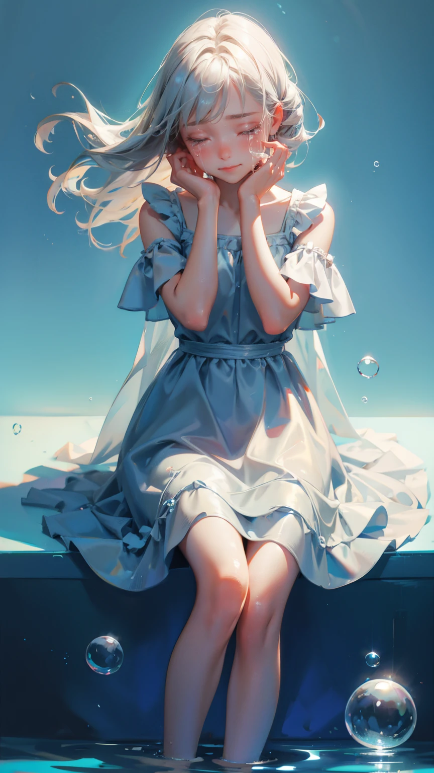 cute girl,  crying sitting in water with bubble, grey dress, light blue background, 