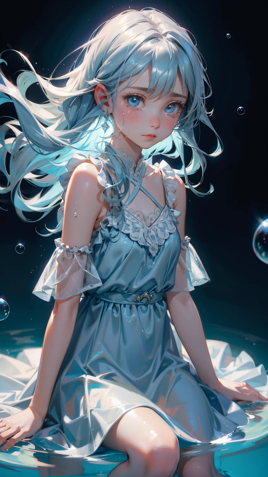 cute girl,  crying sitting in water with bubble, grey dress, light blue background, 