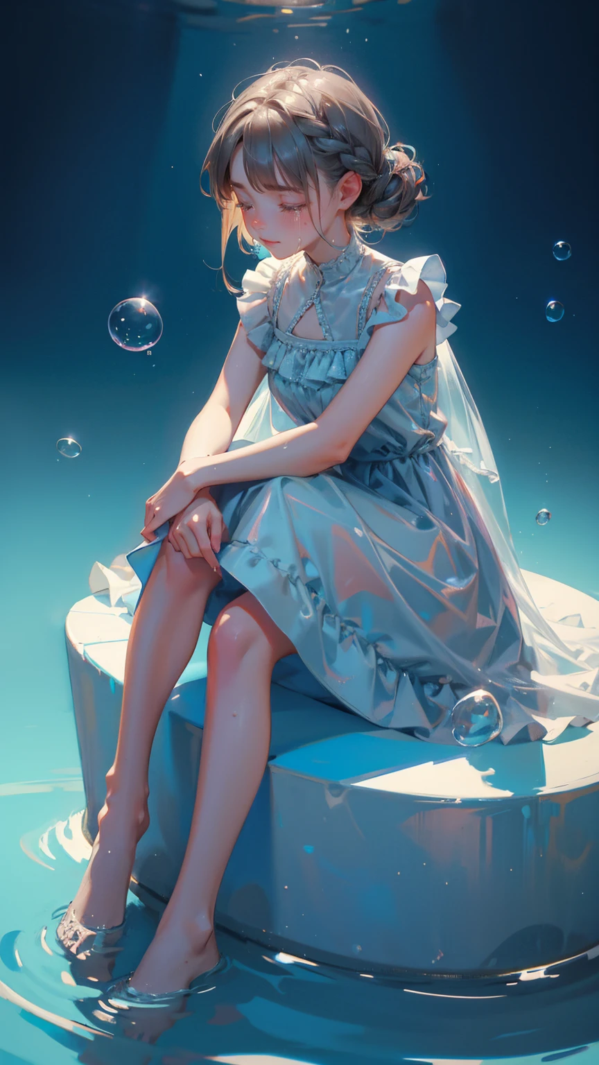 cute girl, crying sitting in water with bubble, grey dress, light blue background,