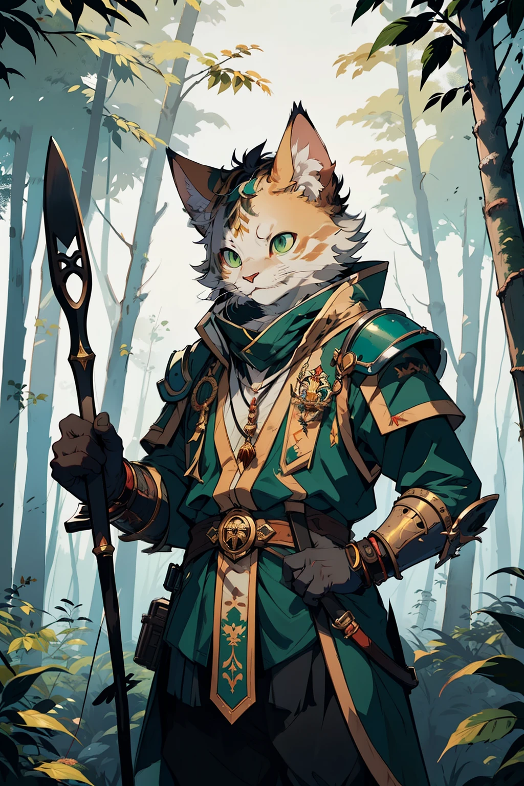 Half-human, half-feline beast, intelligent and charismatic, dexterous, light brown fur with dark spots, green eyes, wearing light armor, equipped with a bow and quiver, in a forest setting, determined expression, focused on finding a deity.