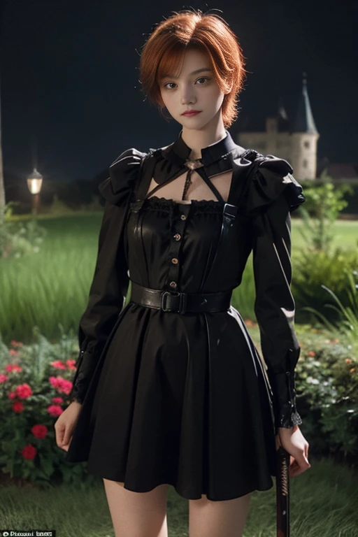 15 year old girl, Lovely, orange hair, very short, Very curly, slim, flat bust, with freckles on the face, with slavic features, with long sleeve black dress, whole body, shows her legs, in the castle garden, at night, holding a sword in his hand