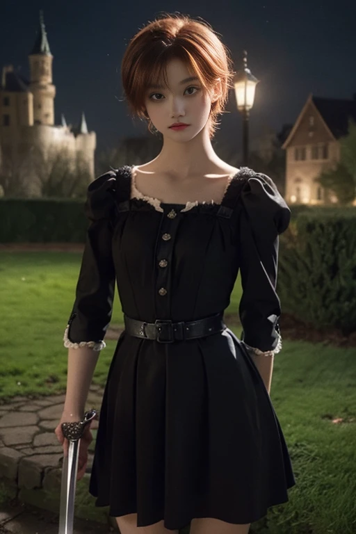 15 year old girl, Lovely, orange hair, very short, Very curly, slim, flat bust, with freckles on the face, with slavic features, with long sleeve black dress, whole body, shows her legs, in the castle garden, at night, holding a sword in his hand