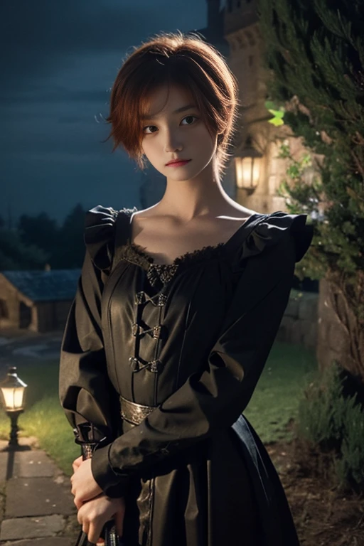 15 year old girl, Lovely, orange hair, very short, Very curly, slim, flat bust, with freckles on the face, with slavic features, with long sleeve black dress, whole body, shows her legs, in the castle garden, at night, holding a sword in his hand