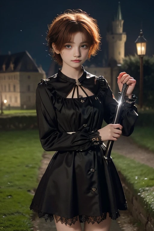 15 year old girl, Lovely, orange hair, very short, Very curly, slim, flat bust, with freckles on the face, with slavic features, with long sleeve black dress, whole body, shows her legs, in the castle garden, at night, holding a sword in his hand