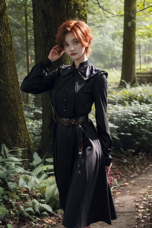 15 year old girl, Lovely, orange hair, very short, Very curly, slim, flat bust, with freckles on the face, with slavic features, with long sleeve black dress, whole body, shows her legs, in the castle garden, at night, holding a sword in his hand