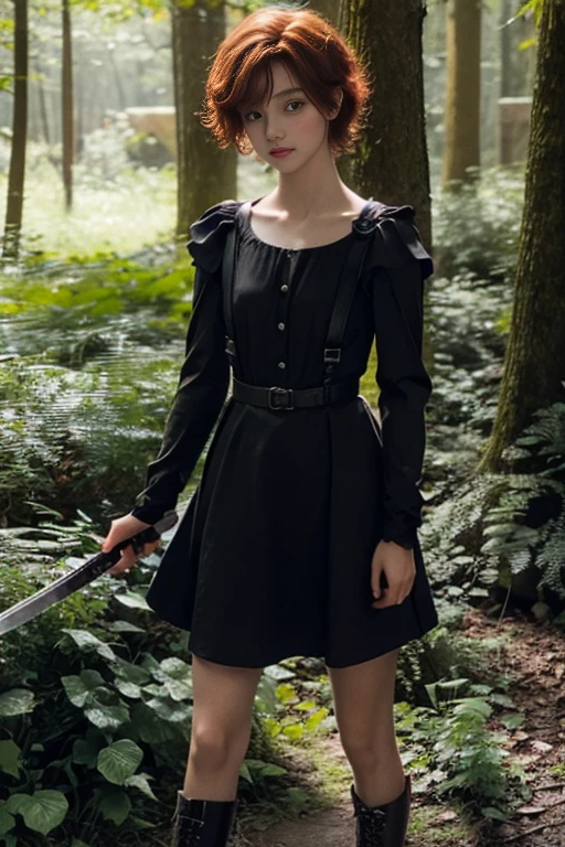 15 year old girl, Lovely, orange hair, very short, Very curly, slim, flat bust, with freckles on the face, with slavic features, with long sleeve black dress, whole body, shows her legs, in the castle garden, at night, holding a sword in his hand