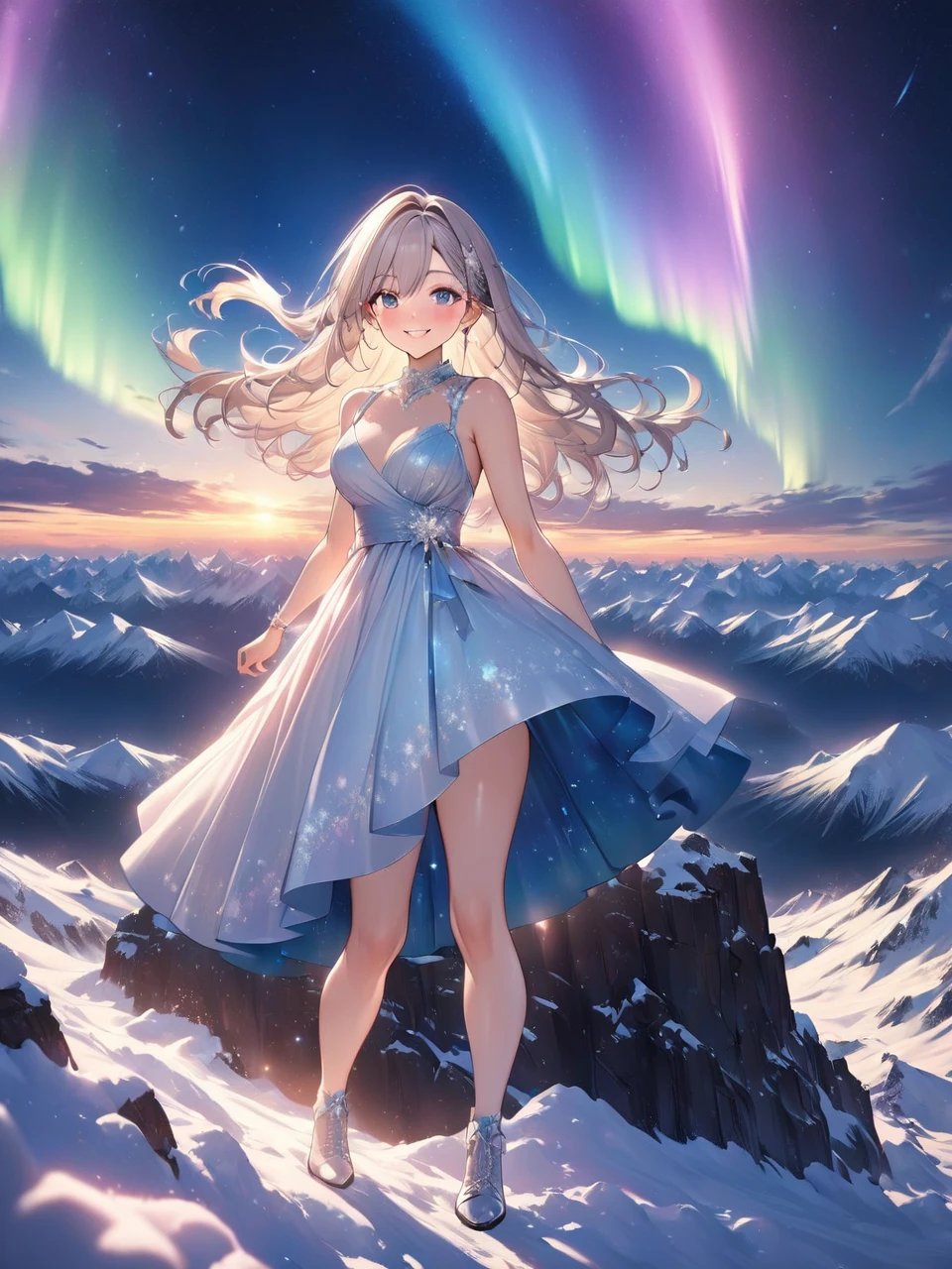 Highest quality, Highest quality, 16K, Unbelievably absurd, Very detailed, 2.5D, delicate and dynamic,Aurora Star,,evening,Spectacular views,Summit,woman,22 years old,Mountaineer,Elegance,Shiny Hair,smile