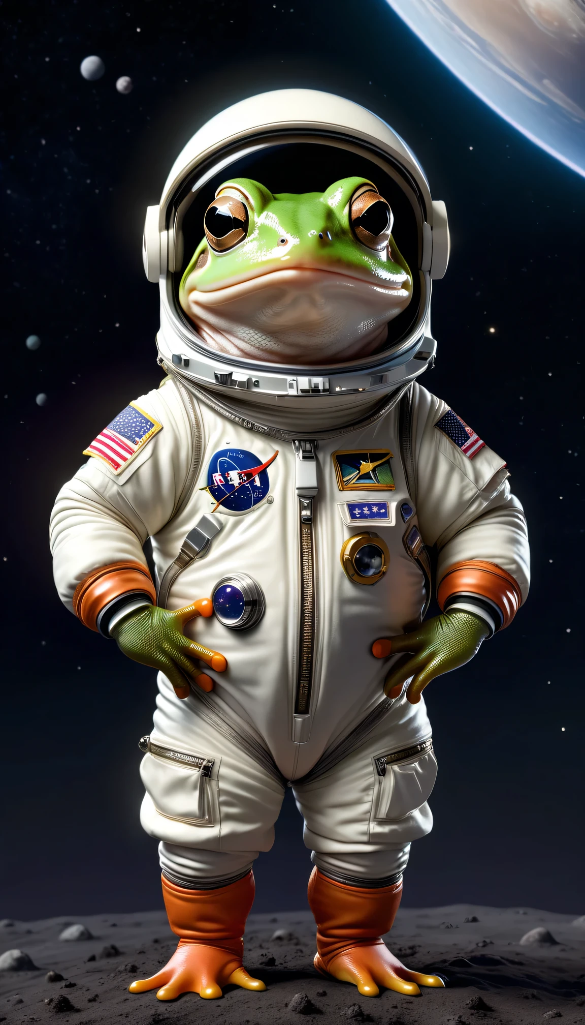 photorealistic portrait of ((Dressed animals)) - a ((fat))baby ((frog)) astronaut, (),(full body image:2.0),(elegant pose:1.5) Wearing astronaut's clothes and helmet,(),(hands on hips:1.5),(happy),(smile:1.5), , in outer space background,,(looking at viewer:1.5),score_9, score_8_up, score_7_up, score_6_up, score_5_up, score_4_up,