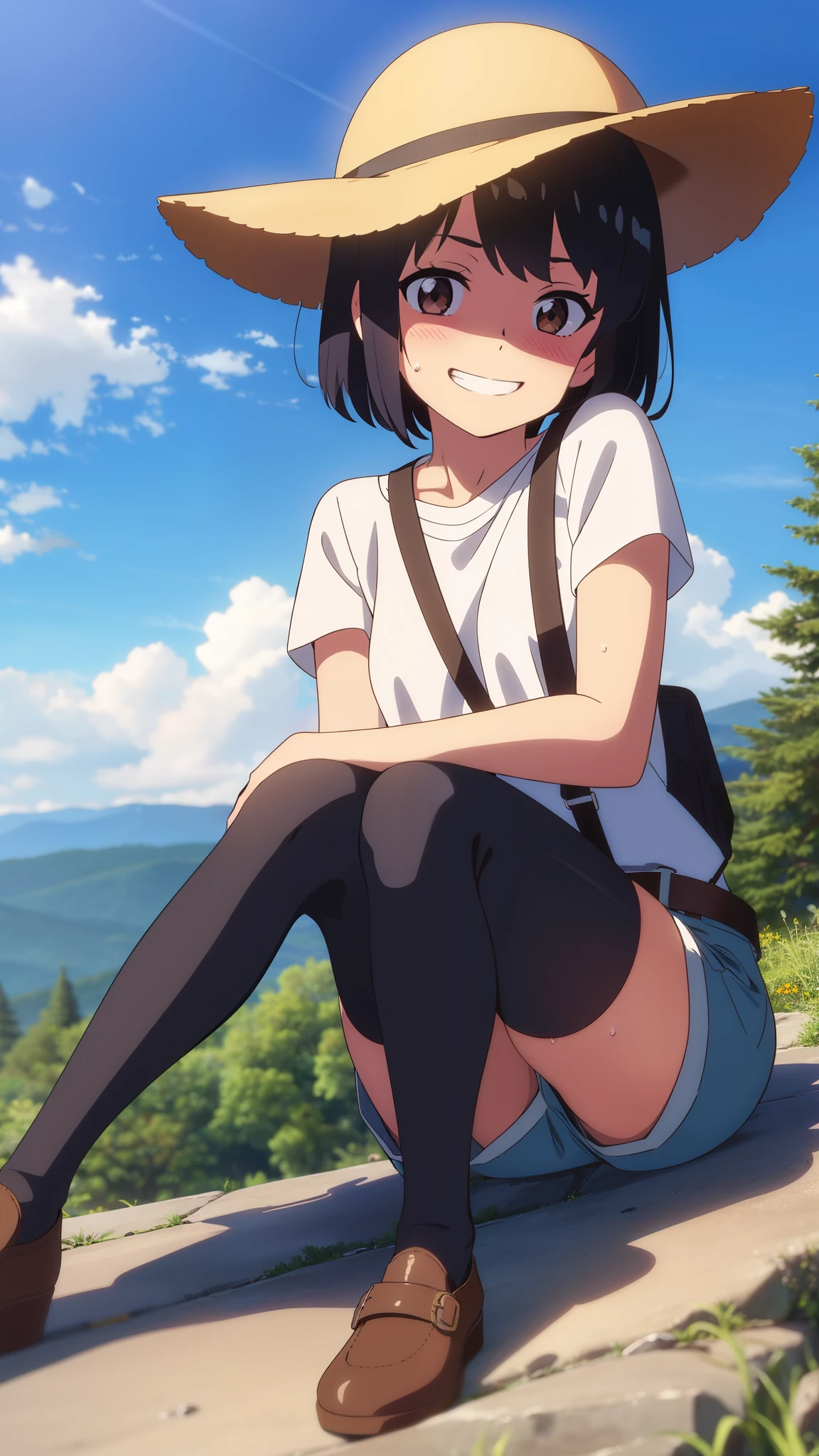 shinkai makoto, kimi no na wa., 1girl, bangs, black hair, blush, brown eyes, perfect face, looking at the viewer, bonnie hat, black suspenders, white t-shirt, bare shoulders, garterbelt, sight, blue shorts, belt, short hair, solo, shinny skin, smile, cute, grin, black thighhighs, cloudy, blue sky, mountains, rocks, sitting, sweat, full body, (masterpiece), best quality