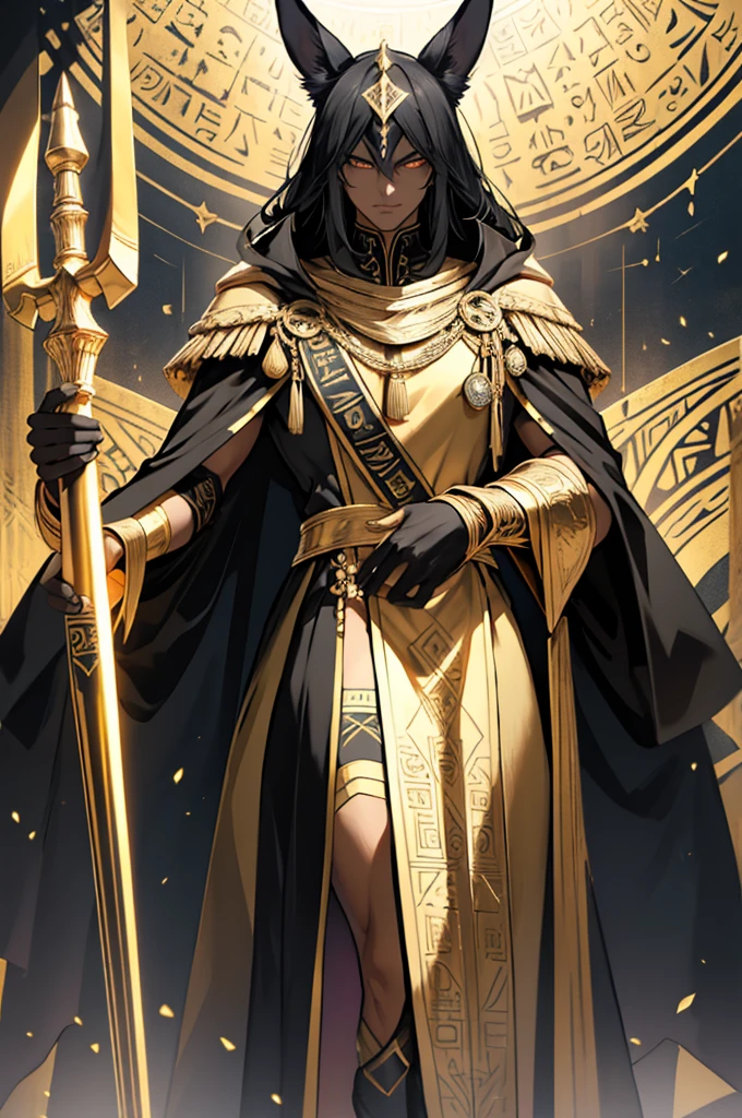 Draw Nyx Anubis in a regal and commanding pose. He stands tall with his golden staff planted firmly beside him, exuding authority and power. His dark tunic adorned with golden Egyptian hieroglyphs and his shadowy cloak flowing majestically. His long black hair and deep amber eyes with a golden glow emphasize his powerful presence. Add an ethereal, dark aura with dancing shadows around him to highlight his mythic abilities.