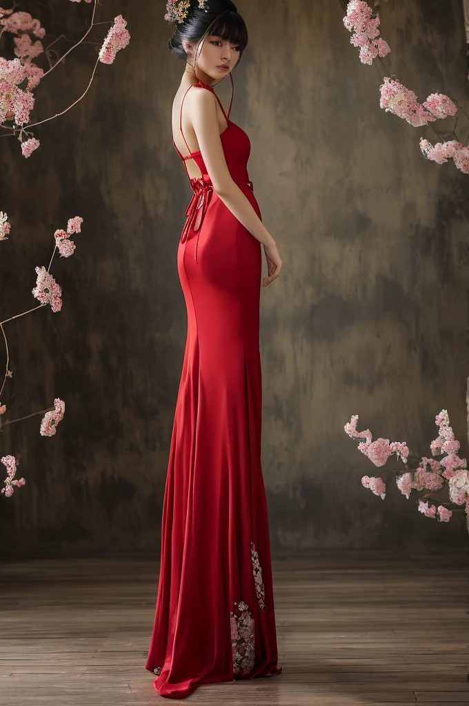 Beautiful Chinese woman, 23 years old, with bangs; courageous character, Kind, attractive; long dress, elegant red dress, deep cut, high slits, bare legs, Thin straps, fitted waist, confident pose; Chinese Hairstyle, hair bun, Chinese heels with crystal flowers; light makeup; elegantly standing, (masterpiece, accuracy, Shine, 8 K)
