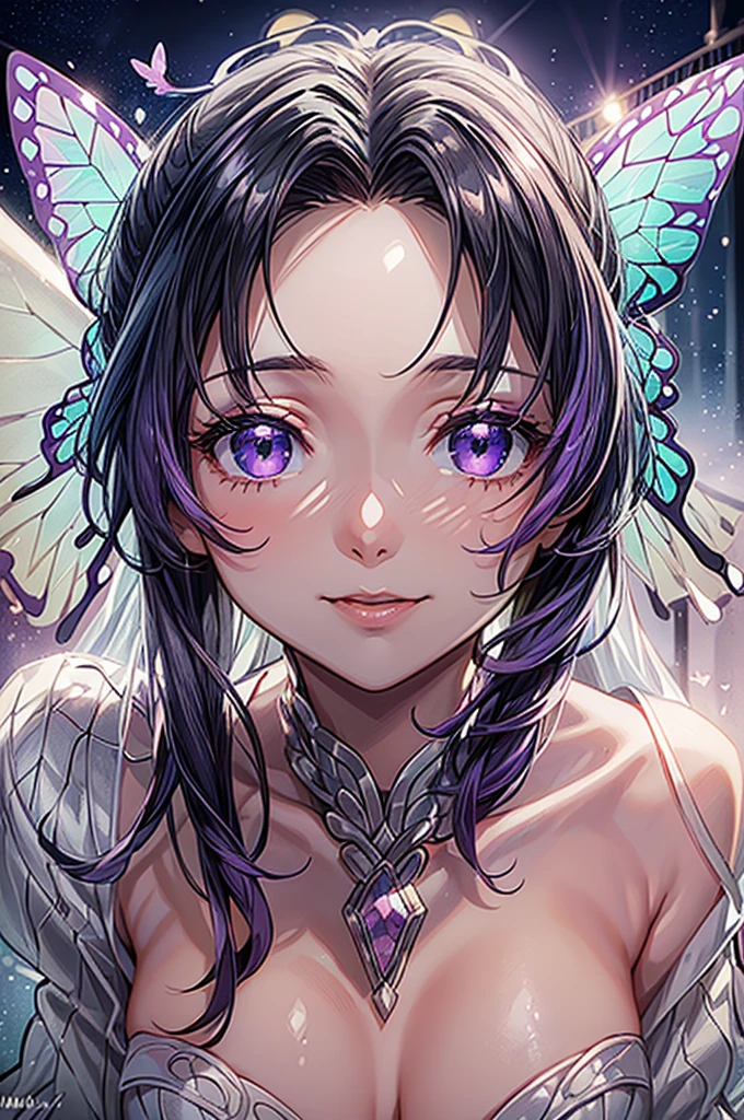 (masterpiece, best quality:1.3), (absurdres absolutely resolution), (8k wallpaper), (detailed beautiful face and eyes), (detailed illustration), (super fine illustration), (vibrant colors), (professional lighting), (increasing the weight makes things worse), BREAK, (shinobu Kocho), (butterfly hair ornament), (purple sparkling eyes), (multicolored hair), (short hair), (parted bangs), (white porcelain skin), shiny hair, medium breasts, (light-pink lips), BREAK, (smile), full body, looking away, depth of field, outdoors, (large full moon:1.3), (moonlight:1.3), (night:1.4). (darkness:1.4), (starry sky:1.3), (((neon lighting butterfly style))), (wisteria), cinematic shadows, (cinematic lighting:1.2), (in ufotable style), BREAK, (white Silk princess line wedding dress:1.3), (white wedding veil:1.3), (Amethyst Necklace), (Amethyst earrings), (Old church),((angel wings:1.4)),nfsw