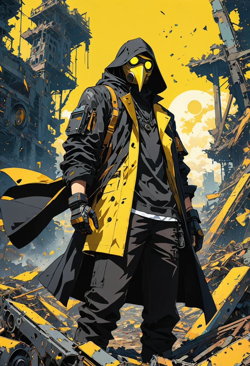 (masterpiece, best quality:1.1), (ultra highres, ultra-detailed:1.2),(doodle),pop-art,flatcolor,one boy,(male Mad-scientist wearing plague doctor mask),eyes glow yellow,black hood,black robe, mecha arm,short hight,BREAK boy pose,in mechanical ruins,absurdity, extraordinary,dynamic angle,