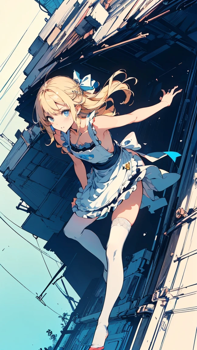 (masterpiece, high quality, Mysterious, Ideal body proportions), (Ultra-high resolution, 8K RAW Photos, Photorealistic, Natural light, Fabric Shading), Wide Shot Photography:1.6, (One beautiful anime girl:1.3, , alone:1.5, Mature Woman:1.5, Browsing Caution:1.25, whole body:1.3), Glowing Skin, break, ((Alice in Wonderland:1.3, Cute girl, cute, Lovely, interesting, Girl Falling From the Sky:1.5, Girl Flying in the Sky:1.5, The girl is floating in the air:1.1, The wind lifts up the skirt:1.5, (Embarrassed:1.3), Amazing, Put on an apron and put your hand on your crotch:1.35)), break, ((Trump, trump card, Tea cup, you can, teaspoon, Small Clock:1.3, Lipstick, Candy:1.2, クッKey, Jam jar, Key)), ((Royal Blue Dress :1.5, Wearing a long flared skirt:1.3, White apron, White Stockings)), (Medium-length platinum blonde hair:1.2, Twin tail hair:1.6, Her hair was tied with a big ribbon), (blue eyes, Bright eyes with highlights, Detailed eyes), (Lie on your back:1.4, Leaning forward:1.2, Stand up straight and spread your legs:1.5), ((Dutch Angle:1.5, whole body:1.3, Crotch focus:1.3, From below:1.5, Poor posture)), Cinematic imagery, Exotic Wallpaper, colorful, Pop Art, Great art, (Fantasy Images:1.5), ((Correct Anatomy:1.5, Perfect Anatomy:1.3, The right move, Small feet:1.2)),