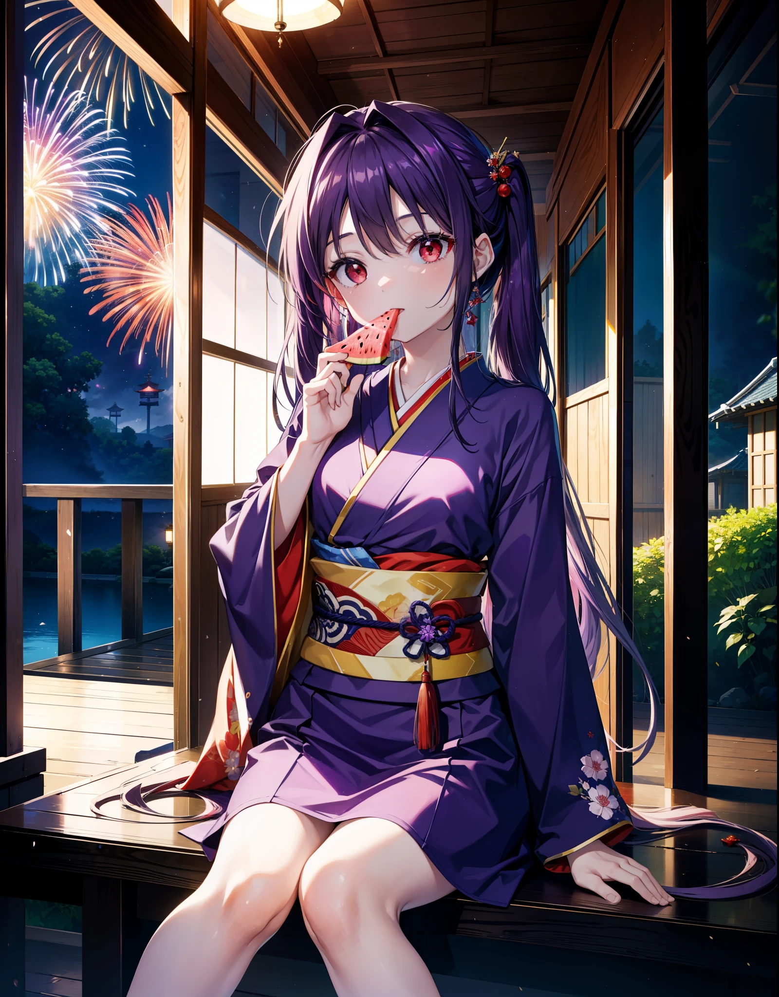 yuukikonno, Yuuki Konno, hair band, Long Hair, Pointed Ears, Purple Hair, (Red eyes:1.5), (Small breasts:1.2),low twin tail,smile,Open your mouth,Purple Kimono,Purple long skirt,Fireworks in the night sky,Fireworks,The place is a fireworks display,Time is night,sunny day,Sitting on a bench,He is eating a triangular piece of red watermelon, holding it in both hands.,Wind Chimes,whole bodyがイラストに入るよう,
break looking at viewer, , whole body, (Cowboy Shot:1. 5)
break indoors, Veranda,Japanese garden,
break (masterpiece:1.2), Highest quality, High resolution, unity 8k wallpaper, (figure:0.8), (Beautiful attention to detail:1.6), Highly detailed face, Perfect lighting, Highly detailed CG, (Perfect hands, Perfect Anatomy),
