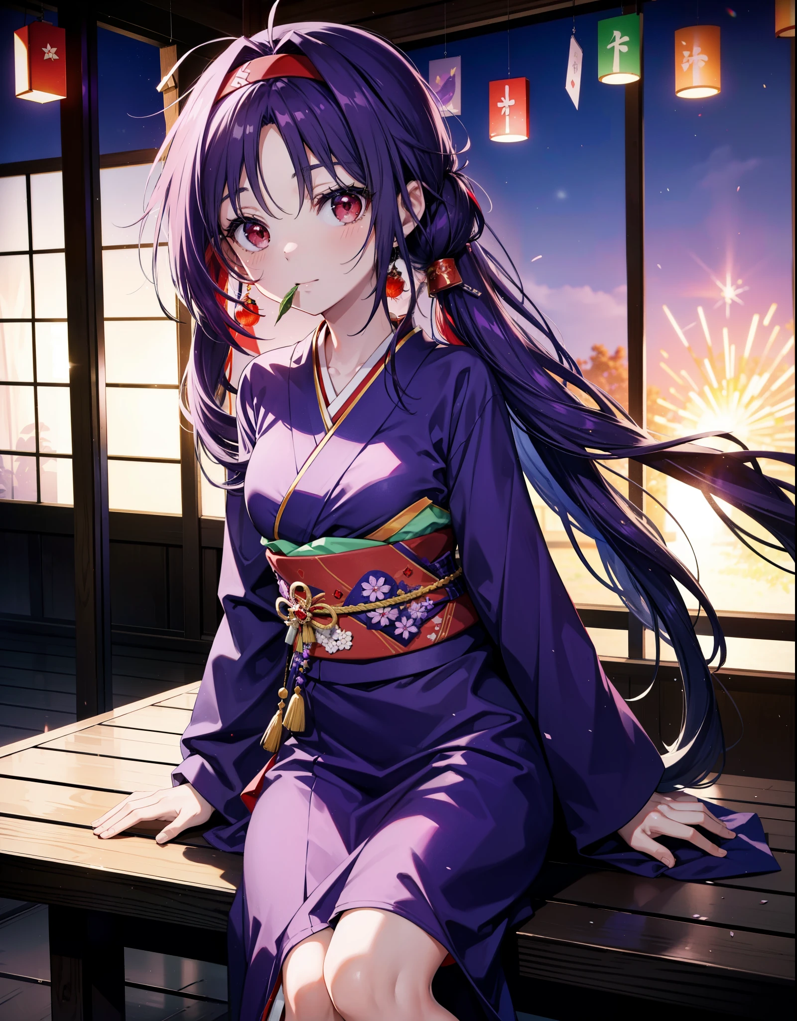 yuukikonno, Yuuki Konno, hair band, Long Hair, Pointed Ears, Purple Hair, (Red eyes:1.5), (Small breasts:1.2),low twin tail,smile,Open your mouth,Purple Kimono,Purple long skirt,Fireworks in the night sky,Fireworks,The place is a fireworks display,Time is night,sunny day,Sitting on a bench,He is eating a triangular piece of red watermelon, holding it in both hands.,Wind Chimes,whole bodyがイラストに入るよう,
break looking at viewer, , whole body, (Cowboy Shot:1. 5)
break indoors, Veranda,Japanese garden,
break (masterpiece:1.2), Highest quality, High resolution, unity 8k wallpaper, (figure:0.8), (Beautiful attention to detail:1.6), Highly detailed face, Perfect lighting, Highly detailed CG, (Perfect hands, Perfect Anatomy),