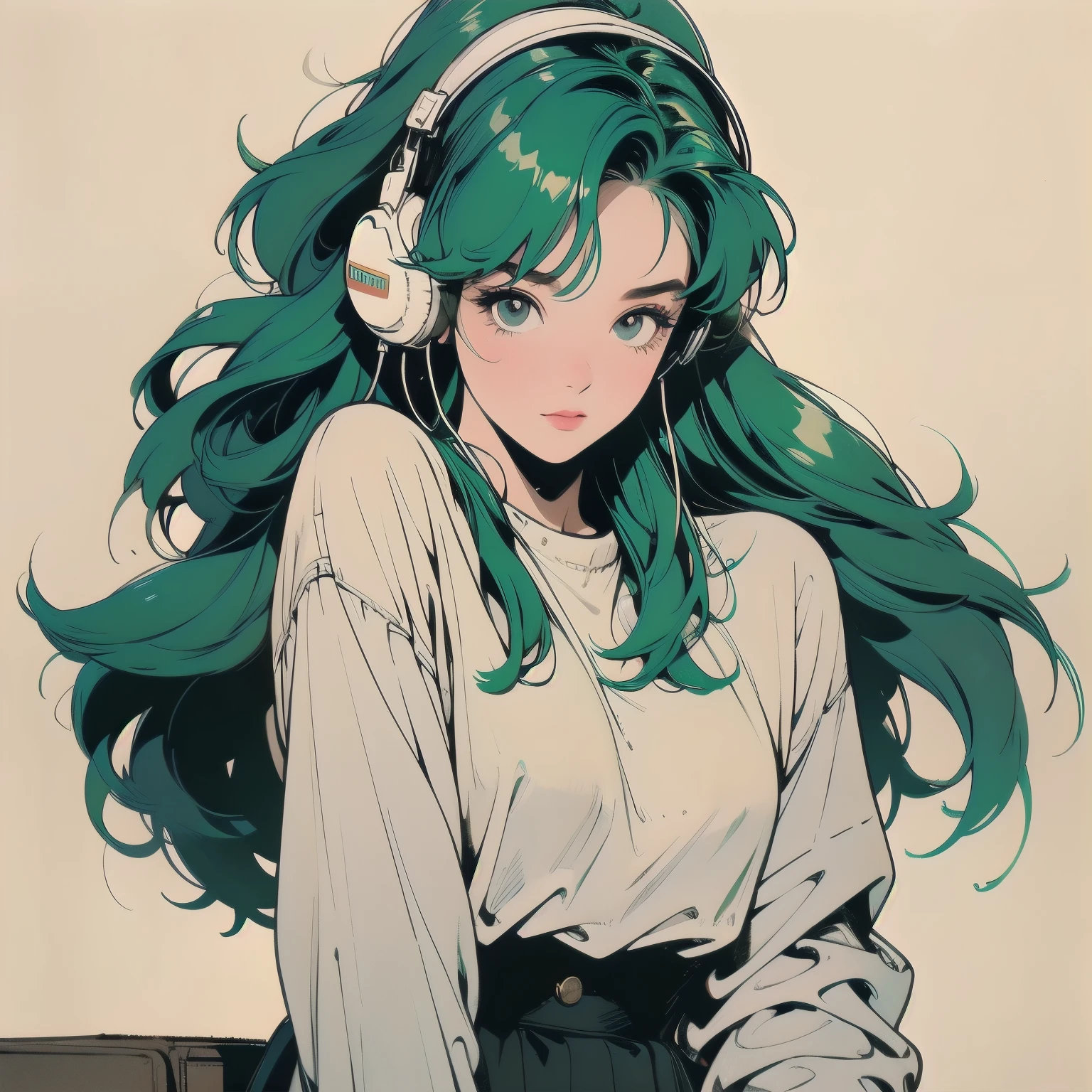 whole body, Upper Body, Messy room, Apartment, 1 girl, 4K, Warm colors , mysterious , skirt, blouse、Faint lighting、Detailed Hair、Perfect Face、80s fashion、retro color、Highest quality、Detailed Background、Complex background、sunset、Green Hair、(((white headphone)))