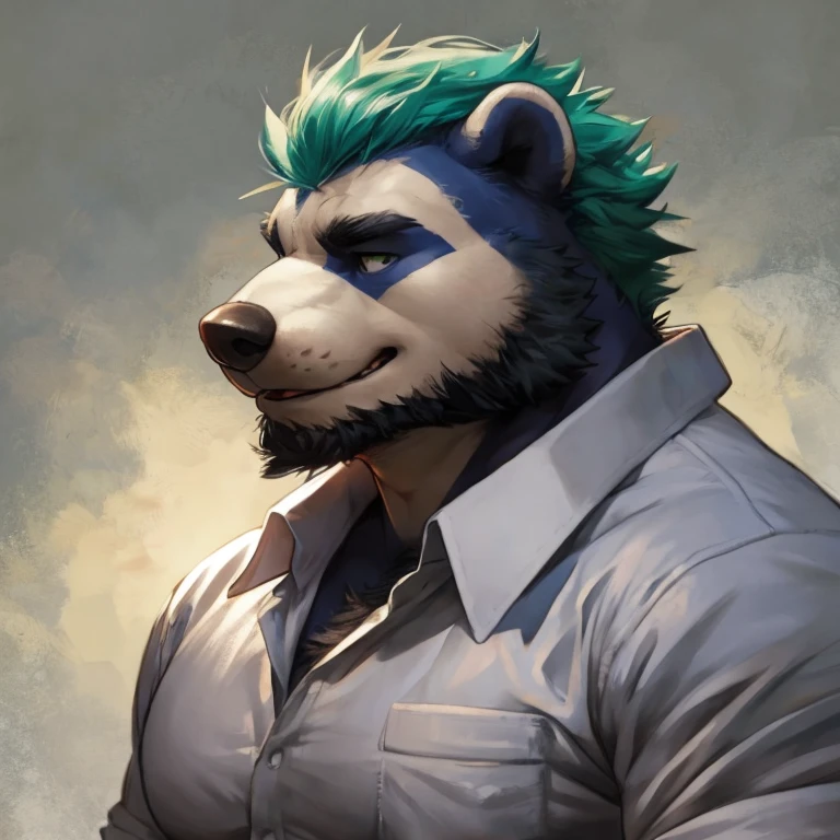 Solo, SemiMuscular Medium thin, male middle aged, anthro Badger, black and creamy white fur, body beauty of a bluish-green tone, thin beard, flirting, dynamic light, opened Shirt, thick shirt ,Teal hair and beard, extremely hot and sexy, With lenses, Daddy figure, hot daddy, by darkgem, by zixiong, by glitter trap boy