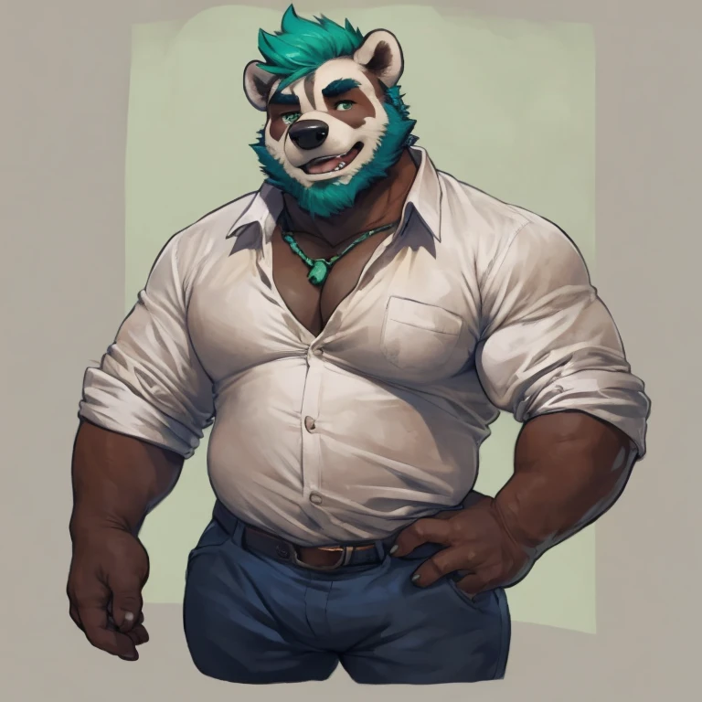 Solo, SemiMuscular Medium thin, male middle aged, anthro Badger, Master of Philosophy, black and creamy white fur, body beauty of a bluish-green tone, thin beard, Amber eyes, flirting, dynamic light, opened Shirt, Spectacles, thick shirt, Middle age, Teal hair and beard, extremely hot and sexy, Daddy figure, hot daddy, by darkgem, by zixiong, by glitter trap boy