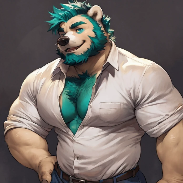 Solo, SemiMuscular Medium thin, male middle aged, anthro Badger, black and creamy white fur, body beauty of a bluish-green tone, thin beard, flirting, dynamic light, opened Shirt, thick shirt ,Teal  hair and beard, extremely hot and sexy, With lenses, Daddy figure, hot daddy, by darkgem, by zixiong, by glitter trap boy