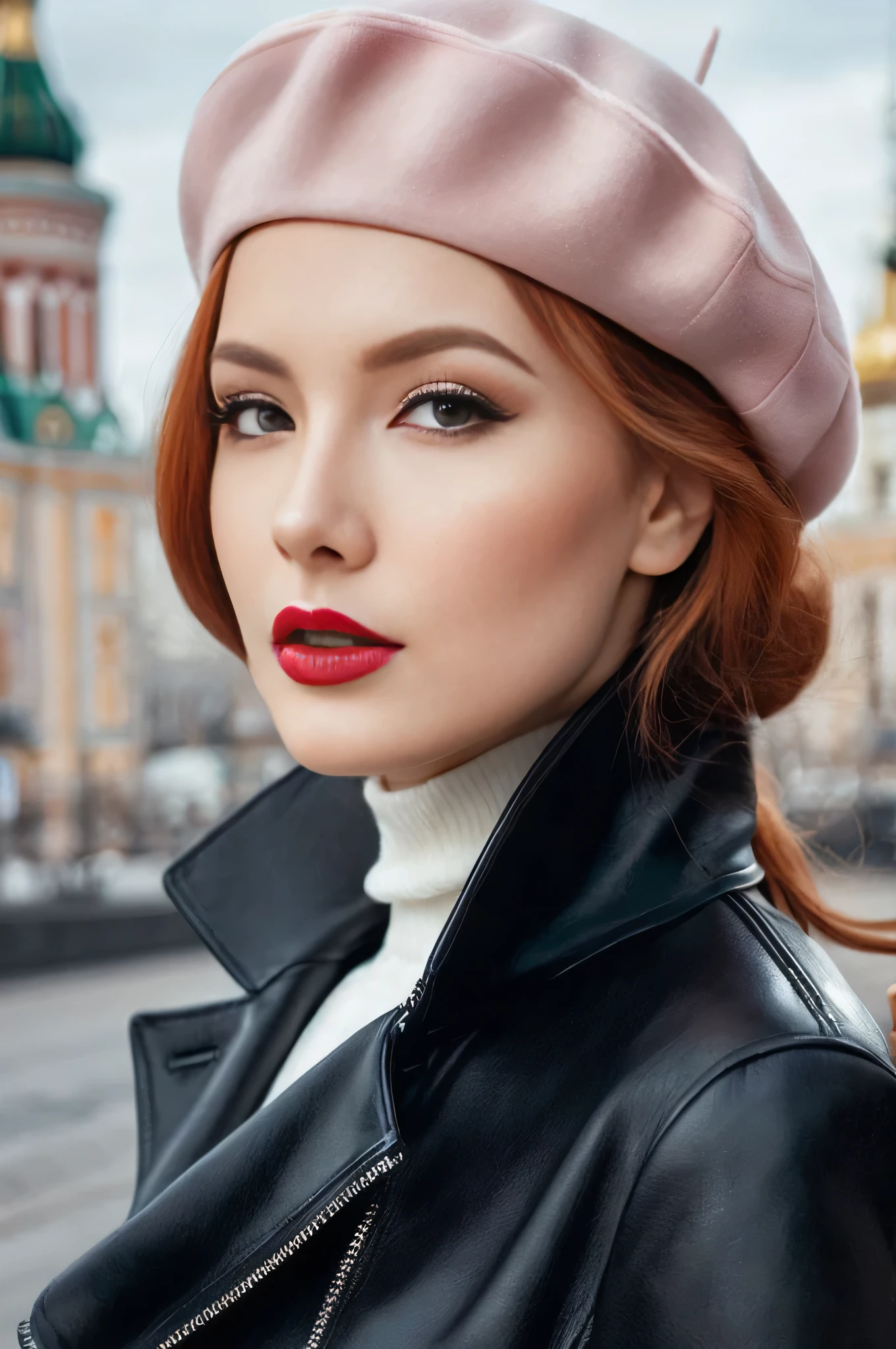 A close-up portrait of a beautiful, comely, stunning russian woman wearing a classy chic outfit: uma jaqueta de couro preta, a white turtleneck sweater and a light pink beret. A red-haired woman from Russia, dainty red lips, pastel pink skin tone, smooth, pale, flawless skin, chic make-up, red lipgloss stick. chice, chic, sophisticated redhead woman, a majestic lady, dream beauty, ethereal beauty, Angelic beauty, dainty, confidential, soft, kind, romantic, kindness, feminine and strong, Coraggioso, determined woman. Aparência chic, flowing and shiny wavy red hair. She&#39;s making a photo album, posing for the camera, professional photograpy, Editorial Photography, portrait photography of a russian model.
