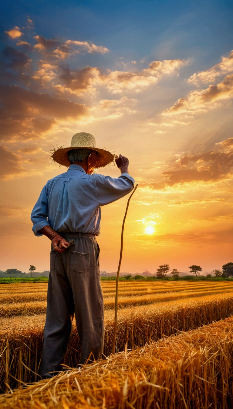 sunset、The sky is painted in beautiful colors。Beautiful sky. Clear skies.High quality down to the smallest detail. Wonderful landscape .Elderly man doing farm work、Straw hat、