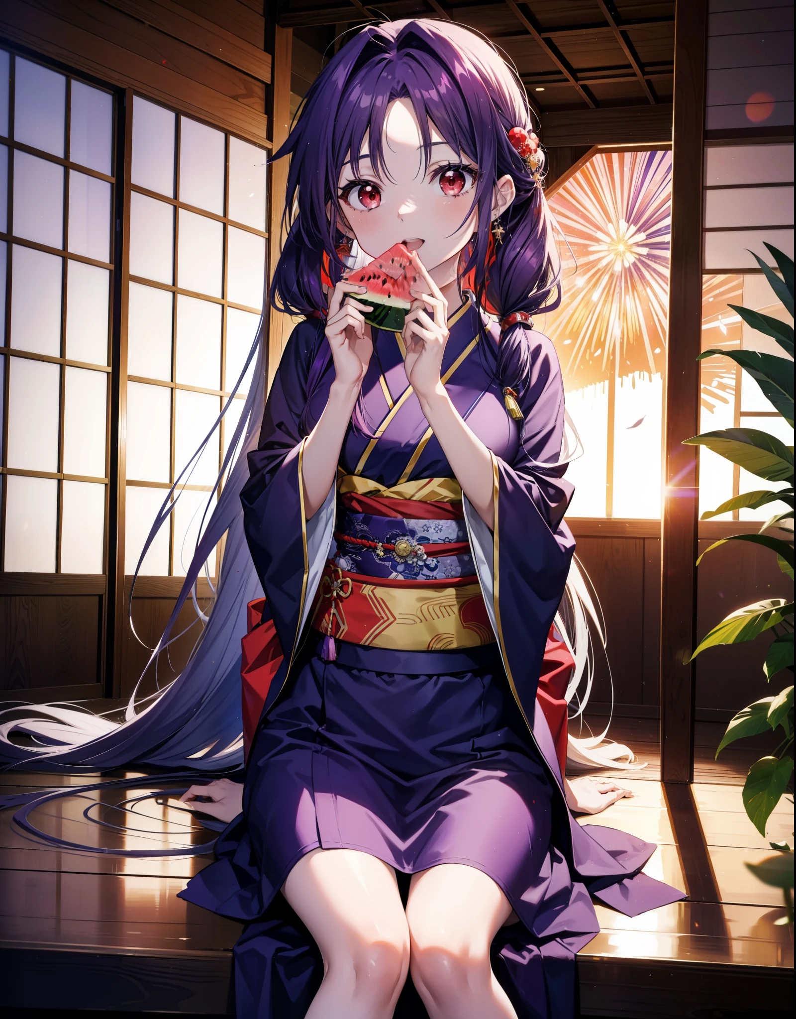 yuukikonno, Yuuki Konno, hair band, Long Hair, Pointed Ears, Purple Hair, (Red eyes:1.5), (Small breasts:1.2),low twin tail,smile,Open your mouth,Purple Kimono,Purple long skirt,Fireworks in the night sky,Fireworks,The place is a fireworks display,Time is night,sunny day,Sitting on a bench,He is eating a triangular piece of red watermelon, holding it in both hands.,Wind Chimes,whole bodyがイラストに入るよう,
break looking at viewer, , whole body, (Cowboy Shot:1. 5)
break indoors, Veranda,Japanese garden,
break (masterpiece:1.2), Highest quality, High resolution, unity 8k wallpaper, (figure:0.8), (Beautiful attention to detail:1.6), Highly detailed face, Perfect lighting, Highly detailed CG, (Perfect hands, Perfect Anatomy),