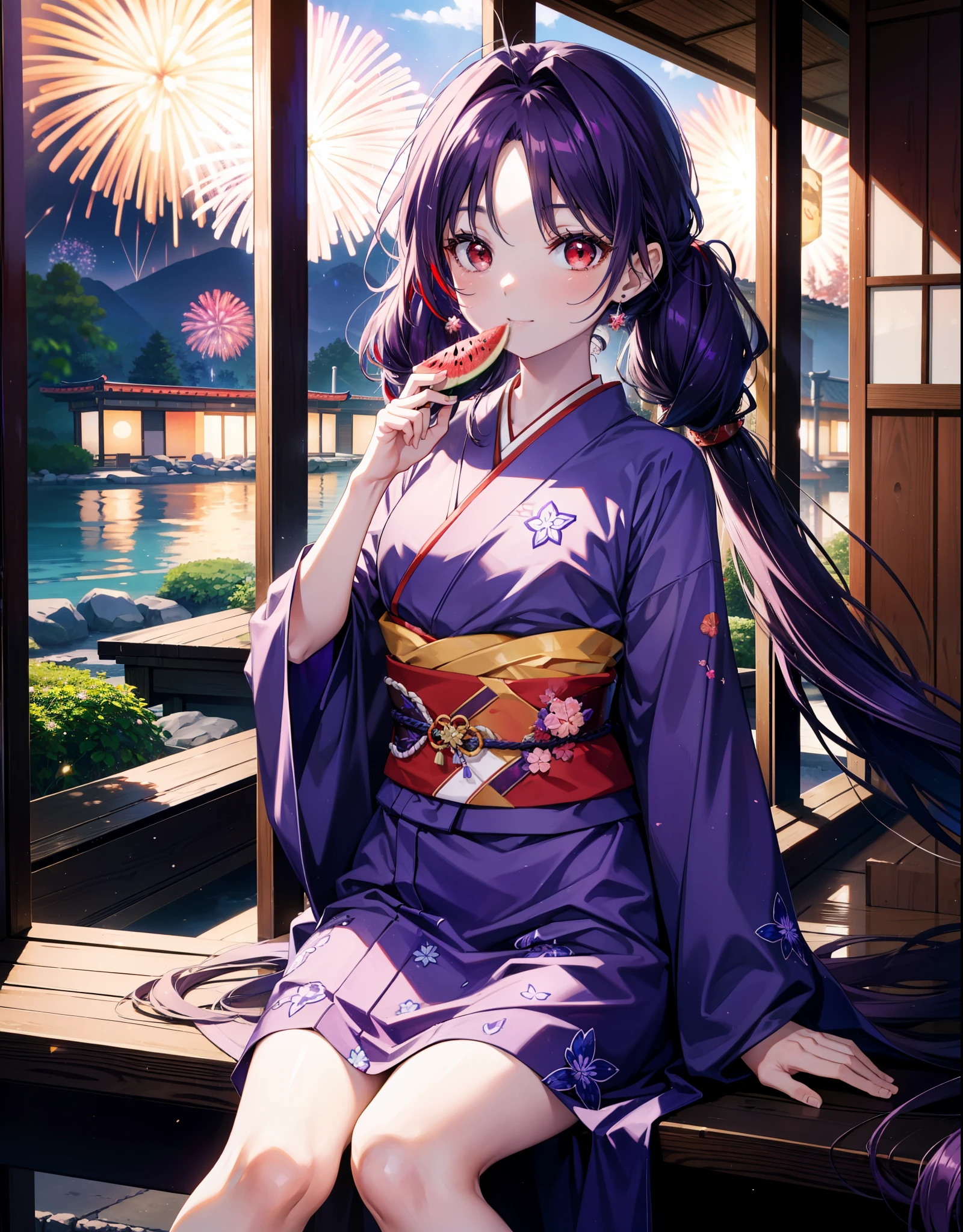 yuukikonno, Yuuki Konno, hair band, Long Hair, Pointed Ears, Purple Hair, (Red eyes:1.5), (Small breasts:1.2),low twin tail,smile,Open your mouth,Purple Kimono,Purple long skirt,Fireworks in the night sky,Fireworks,The place is a fireworks display,Time is night,sunny day,Sitting on a bench,He is eating a triangular piece of red watermelon, holding it in both hands.,Wind Chimes,whole bodyがイラストに入るよう,
break looking at viewer, , whole body, (Cowboy Shot:1. 5)
break indoors, Veranda,Japanese garden,
break (masterpiece:1.2), Highest quality, High resolution, unity 8k wallpaper, (figure:0.8), (Beautiful attention to detail:1.6), Highly detailed face, Perfect lighting, Highly detailed CG, (Perfect hands, Perfect Anatomy),