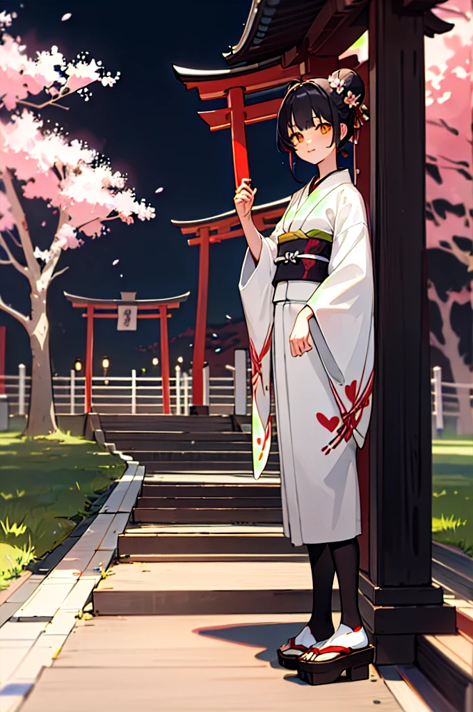 ((masterpiece,Highest quality)),Two Girls, black kimono, Black legwear, black ribbon, Black Hair, cherry blossoms, Day, flower, Hair Bun, hair ribbon, kimono, kimono, Long Hair, View your viewers, Recall, Multiple Girls, heart, Outdoor, Red eyes, Redhead, ribbon, Sandals, single Hair Bun, stage, Are standing, picture, torii, wood, white kimono, Yellow Eyes