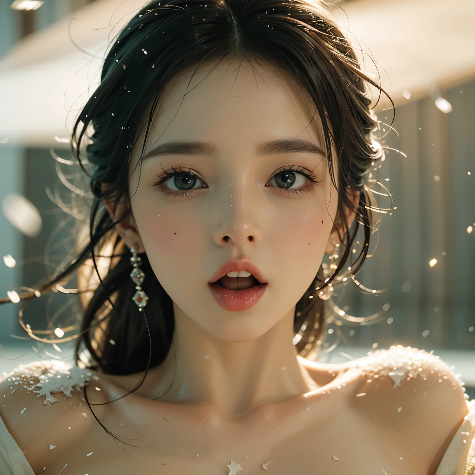 ExtremelyDetailed Kawaii girl Face,(Close-up Sweet lips), glossy lips with beautiful details, Coquettish tongue, Kissing to camera, towards the viewer, 8K TopQuality masterpiece,an extremely delicate and beautiful (ProfessionalPhoto:1.37), {Amazing|finely detail|official art|incredibly absurdres},ultra-detailed close-up shot, close up, (fish eye lens), wide lens, macro lens, Detailed reflective Eyes ElaboratePupils with (sparkling highlights:1.28) (Delicate Voluminous LongEyelashes:0.88), {(Tilted face:1.22)|Visible back of throat|saliva drips|naked shoulder}, (Dripping juice on tongue:1.23) snow particles