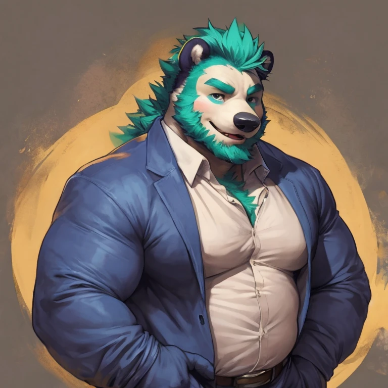 Solo, SemiMuscular Medium thin, male middle aged, anthro Badger, black and creamy white fur, body beauty of a bluish-green tone, thin beard, flirting, dynamic light, opened Shirt, thick shirt ,Teal  hair and beard, extremely hot and sexy, With lenses, Daddy figure, hot daddy, by darkgem, by zixiong, by glitter trap boy