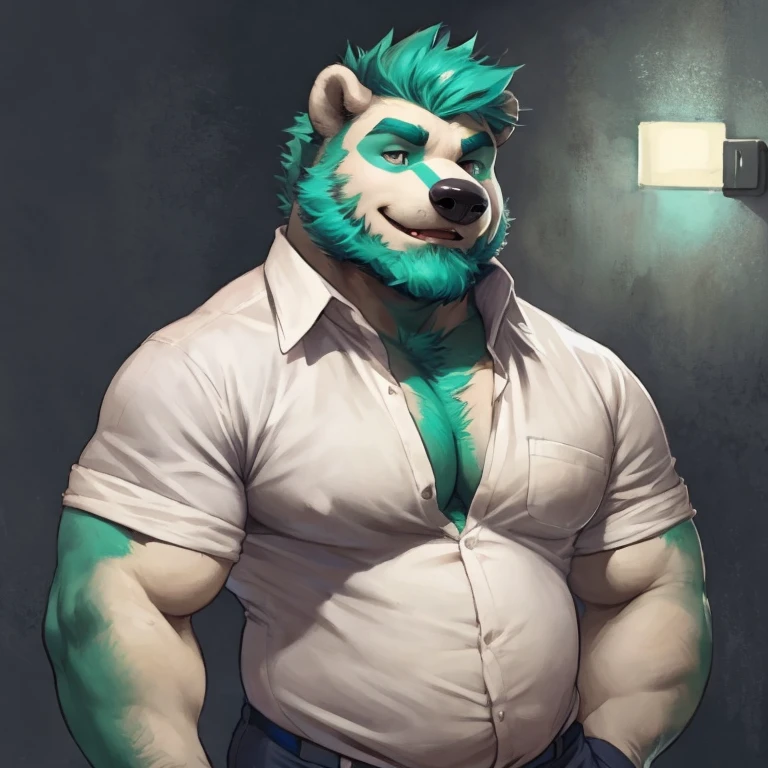 Solo, SemiMuscular Medium thin, male middle aged, anthro Badger, black and creamy white fur, body beauty of a bluish-green tone, thin beard, flirting, dynamic light, opened Shirt, thick shirt ,Teal  hair and beard, extremely hot and sexy, With lenses, Daddy figure, hot daddy, by darkgem, by zixiong, by glitter trap boy