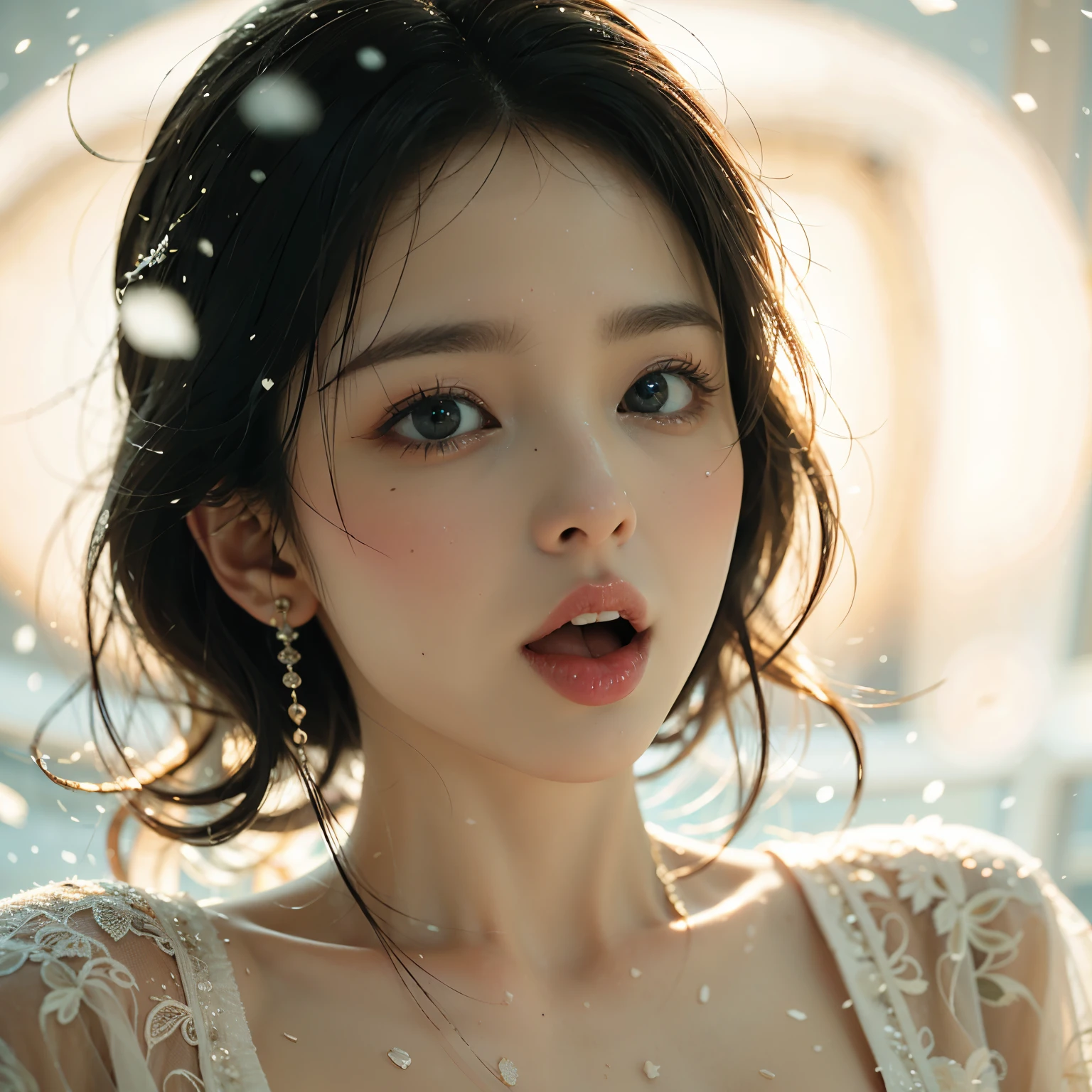 ExtremelyDetailed Kawaii girl Face,(Close-up Sweet lips), glossy lips with beautiful details, Coquettish tongue, Kissing to camera, towards the viewer, 8K TopQuality masterpiece,an extremely delicate and beautiful (ProfessionalPhoto:1.37), {Amazing|finely detail|official art|incredibly absurdres},ultra-detailed close-up shot, close up, (fish eye lens), wide lens, macro lens, Detailed reflective Eyes ElaboratePupils with (sparkling highlights:1.28) (Delicate Voluminous LongEyelashes:0.88), {(Tilted face:1.22)|Visible back of throat|saliva drips|naked shoulder}, (Dripping juice on tongue:1.23) snow particles