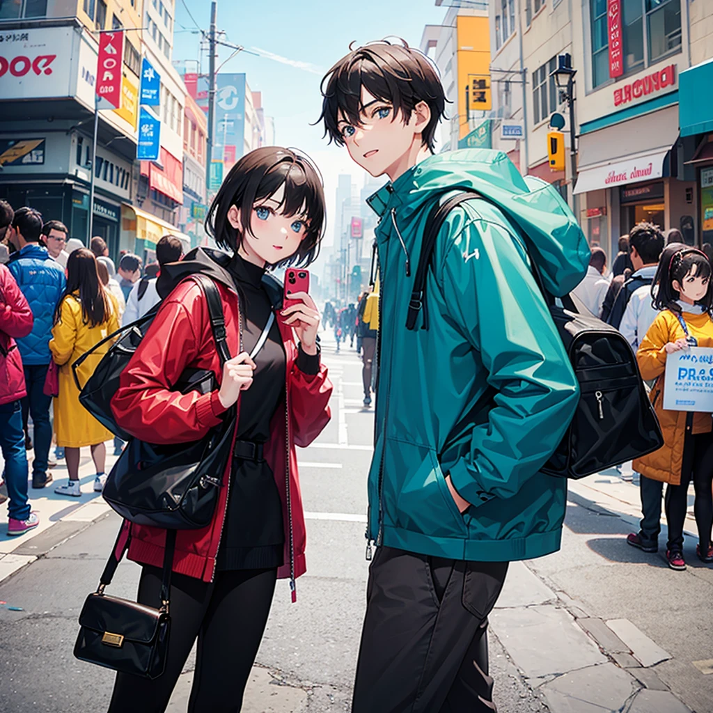1boy and 1girl taking foto with phone