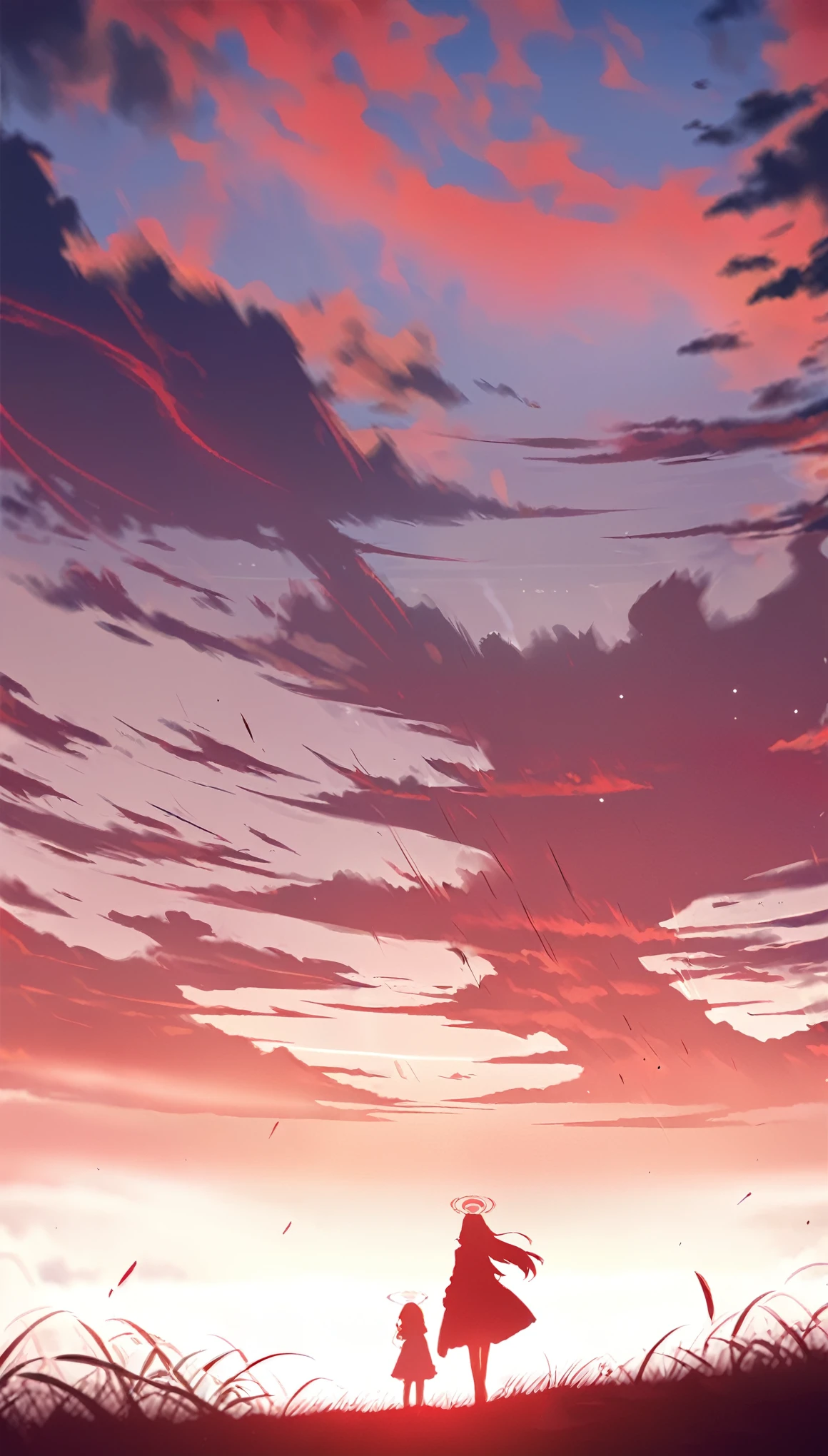 High resolution、4hair、 Blue Archive Style、A fantastic atmosphere、Blue Archive Illustration、single image、encounter、Red atmosphere
