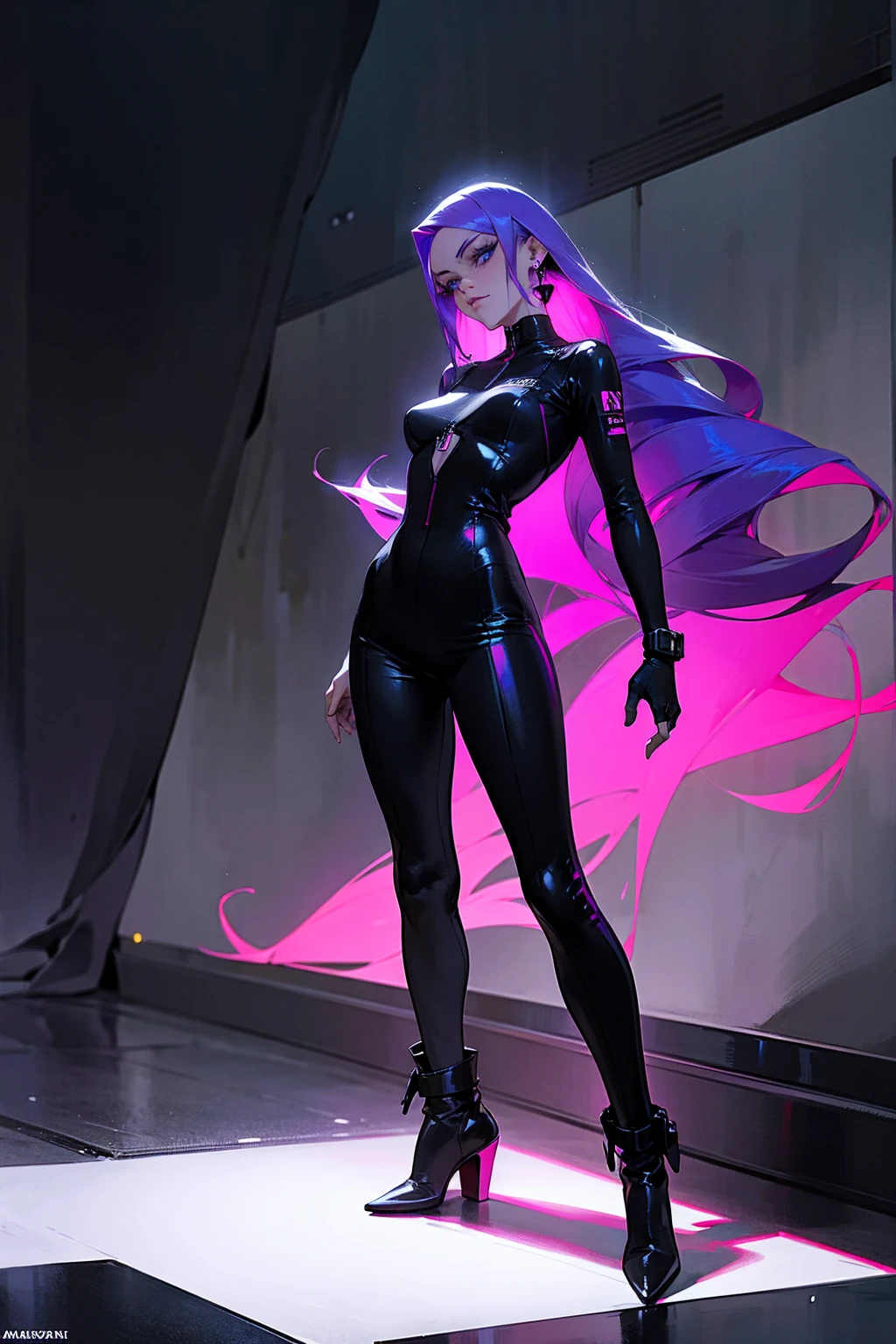 1female: Long purple hair with a slight ombre, blue eyes, wearing a sleek black jumpsuit, red heels, silver earrings, set in a neon-lit futuristic cityscape with glowing signs, detailed face, standing on path, standing upstraight, hands to side