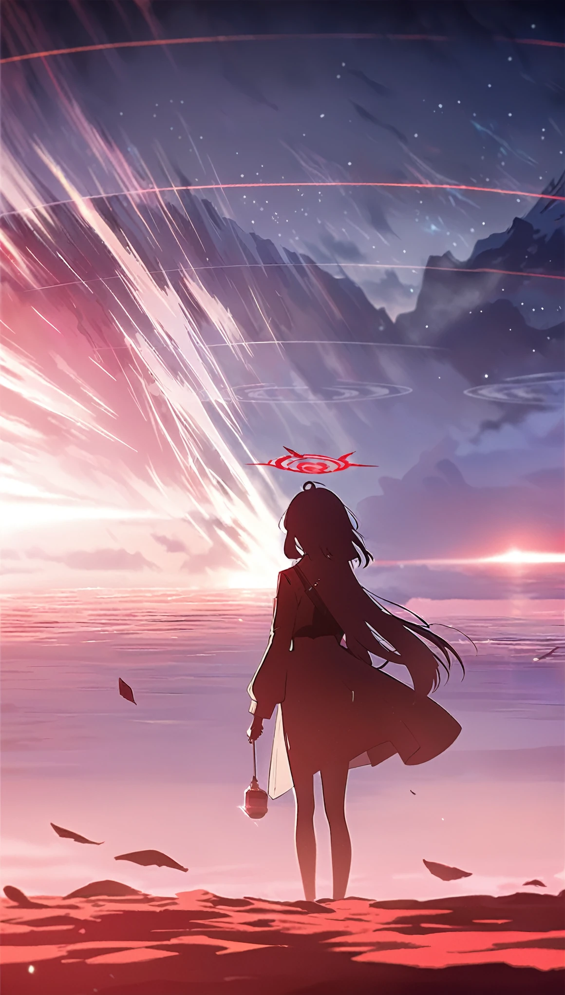 High resolution、4hair、 Blue Archive Style、A fantastic atmosphere、Blue Archive Illustration、single image、encounter、Red atmosphere