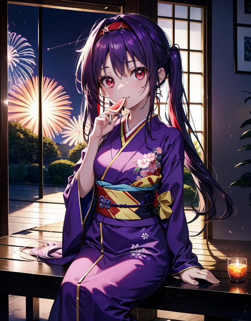 yuukikonno, Yuuki Konno, hair band, Long Hair, Pointed Ears, Purple Hair, (Red eyes:1.5), (Small breasts:1.2),low twin tail,smile,Open your mouth,Purple Kimono,Purple long skirt,Fireworks in the night sky,Fireworks,The place is a fireworks display,Time is night,sunny day,Sitting on a bench,He is eating a triangular piece of red watermelon, holding it in both hands.,Wind Chimes,whole bodyがイラストに入るよう,
break looking at viewer, , whole body, (Cowboy Shot:1. 5)
break indoors, Veranda,Japanese garden,
break (masterpiece:1.2), Highest quality, High resolution, unity 8k wallpaper, (figure:0.8), (Beautiful attention to detail:1.6), Highly detailed face, Perfect lighting, Highly detailed CG, (Perfect hands, Perfect Anatomy),