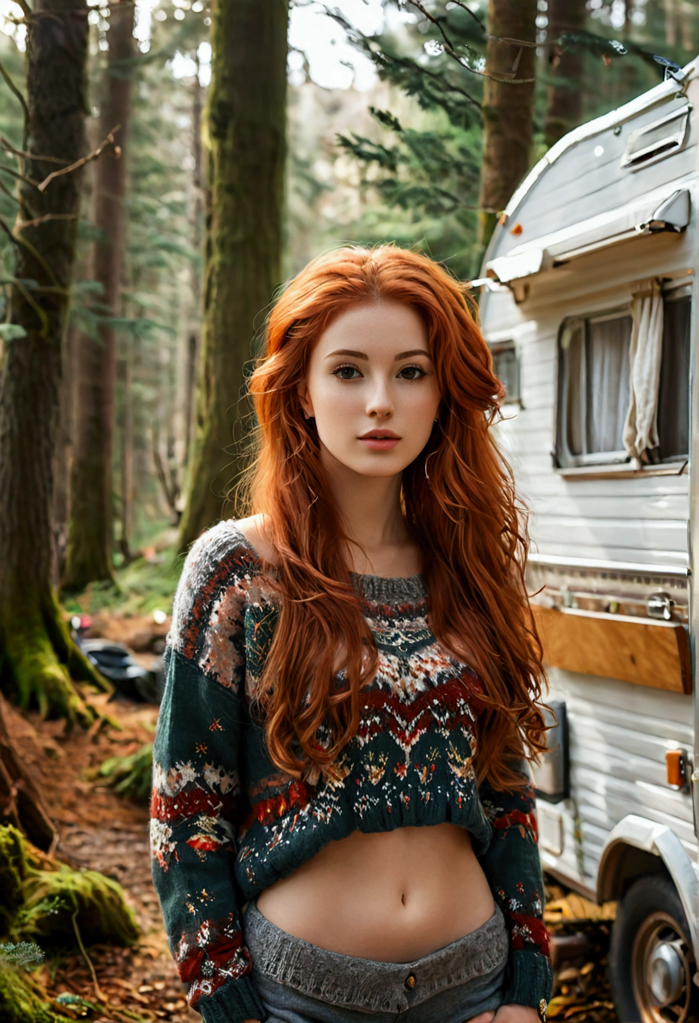 (full body shot:1.1) photorealistic image of a (standing pose:1.1) woman, ultra realistic, photography, long red hair, girl, 24 years old, hourglass figure, perfect body, Flirty look, natural medium breasts, blur background, posing with a belly-free sweater in front of a caravan parked in the woods, she wears sneakers