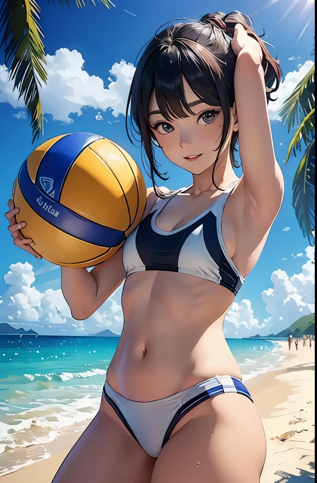 ((top quality, 8 K, masterpiece: 1.3,ultra detail)) Girls Two (Playing Volleyball on the Beach,sand, Splashing water,sea,beautiful view,bright colors,fun,smiles,Beautiful slim figure,Swimwear)A warm summer day, Solar,Vibrant and Breathtaking Views.