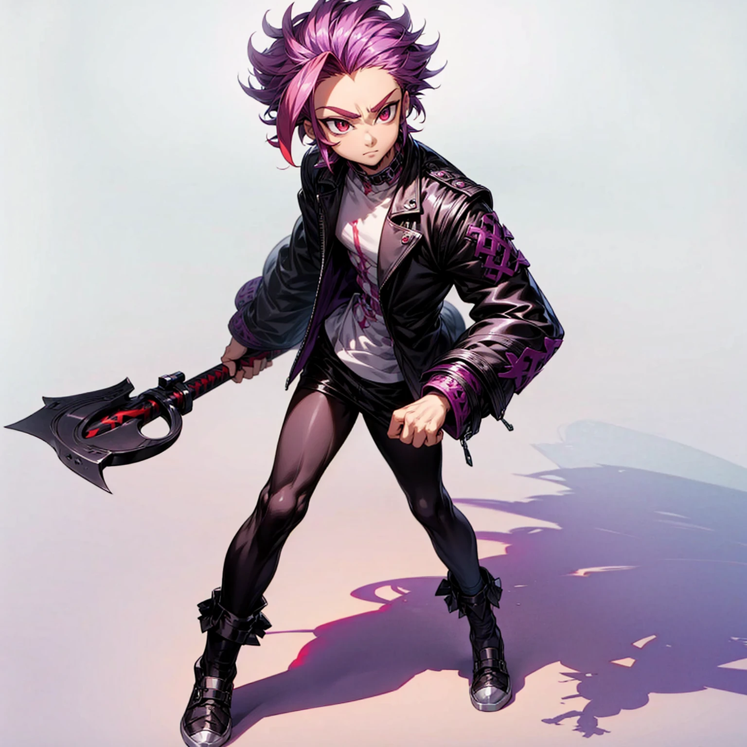 Solo character, full body version, boy, thin chin beard, violet color hair, red eyes, short hairstyle, punk outfits, shoes, white simple background, shadow, standing gesture, mace weapon in hand 