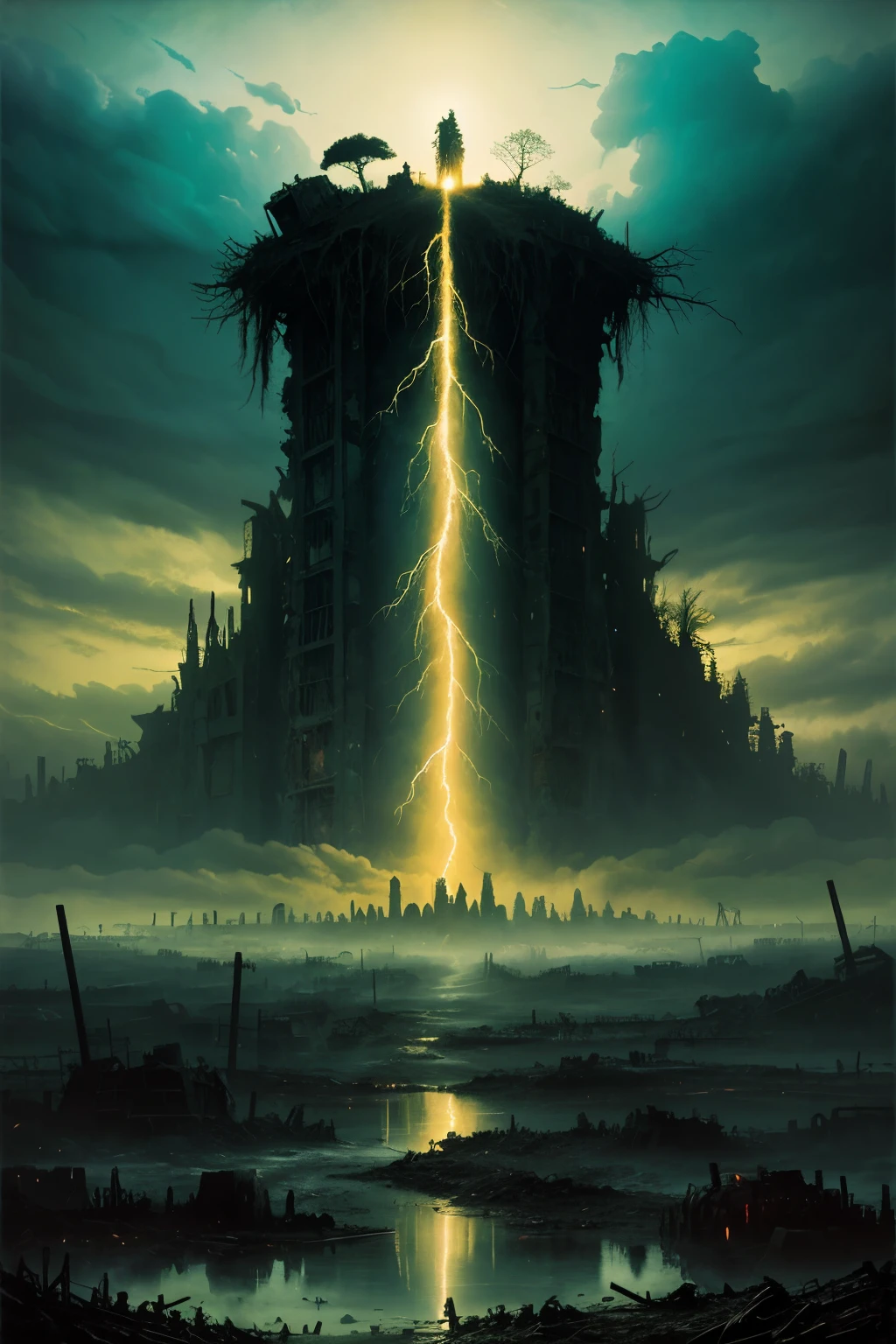 a wasteland of destruction and decay, mutated creatures rampaging through the landscape, toxic clouds swirling above, radioactive puddles emitting a sickly glow, twisted trees and plants warped by radiation, ruins of a city in the background, chaotic and frenetic composition with monsters in mid-action, a sense of desperation and hopelessness in the environment, painted in a surreal and nightmarish style evoking the works of Zdzisław Beksiński. --ar 1:1 --v 5.2
