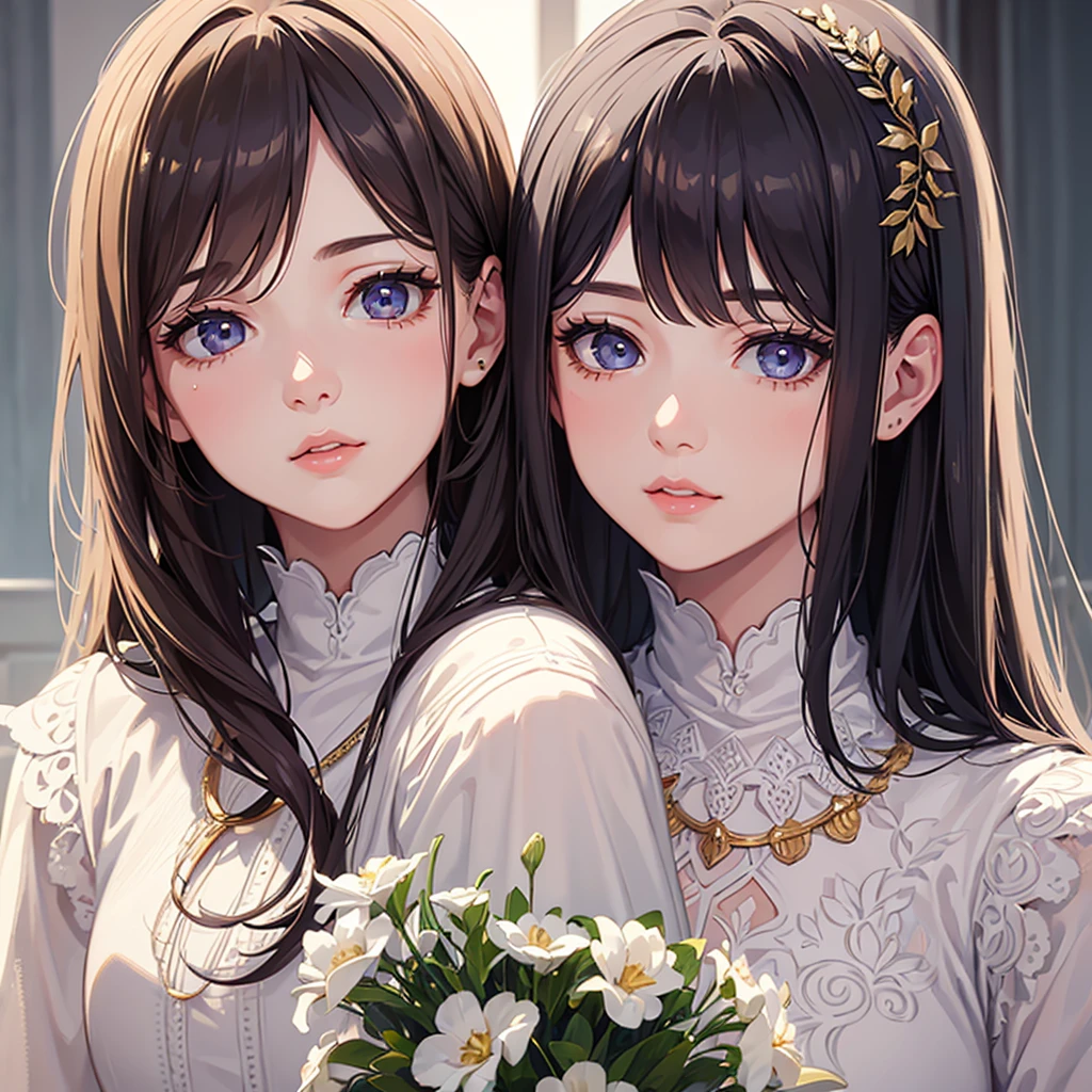 {{{Face close-up}}}, Lace dress,Multilayer dresses,Wedding dress,Lace dress ,Lesbians all over,shoes,headgear, Wedding hall,sit on a luxurious sofa,kiss,kiss,To present a bouquet,