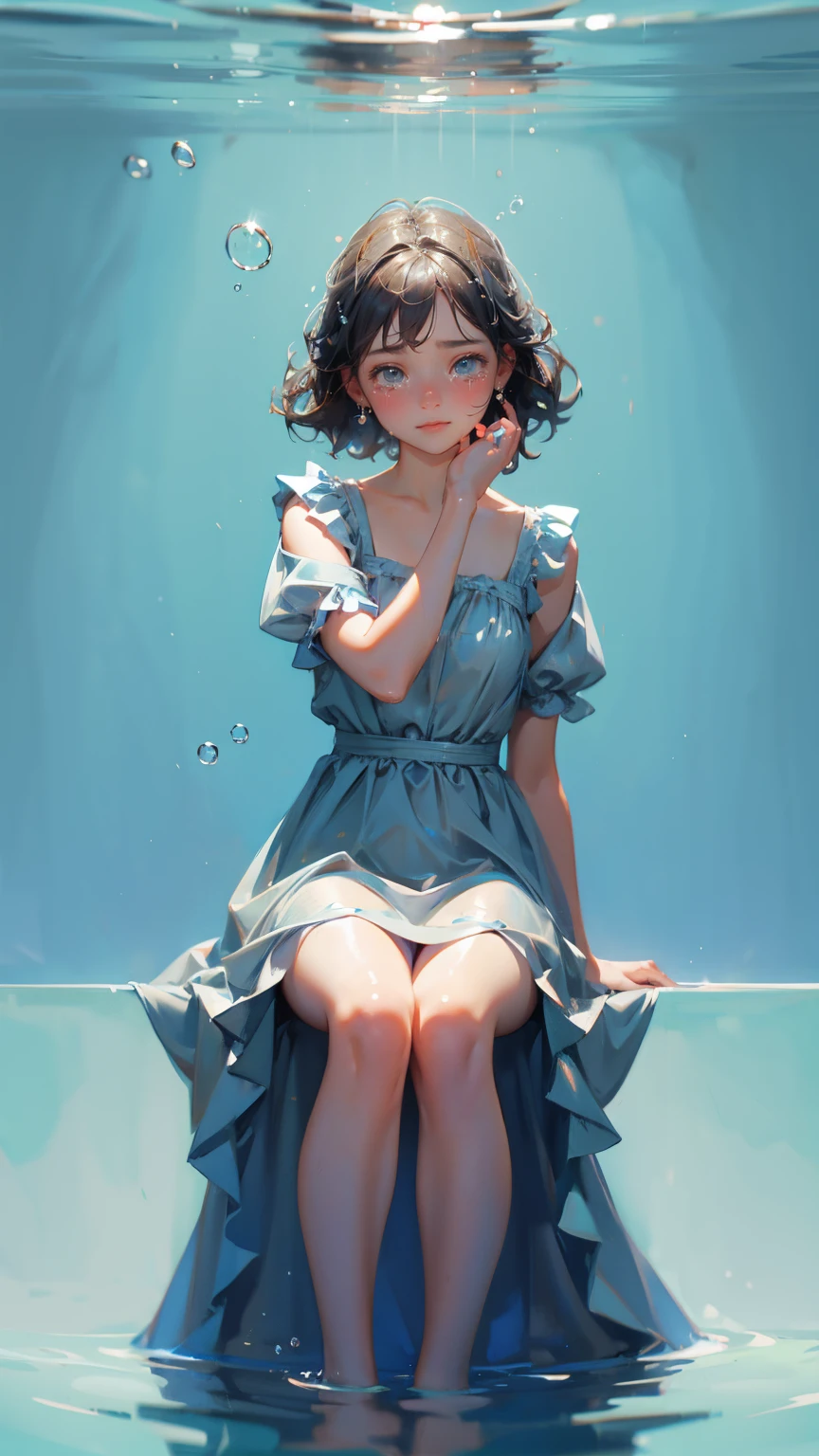 cute girl, crying sitting in water with bubble, grey dress, light blue background,